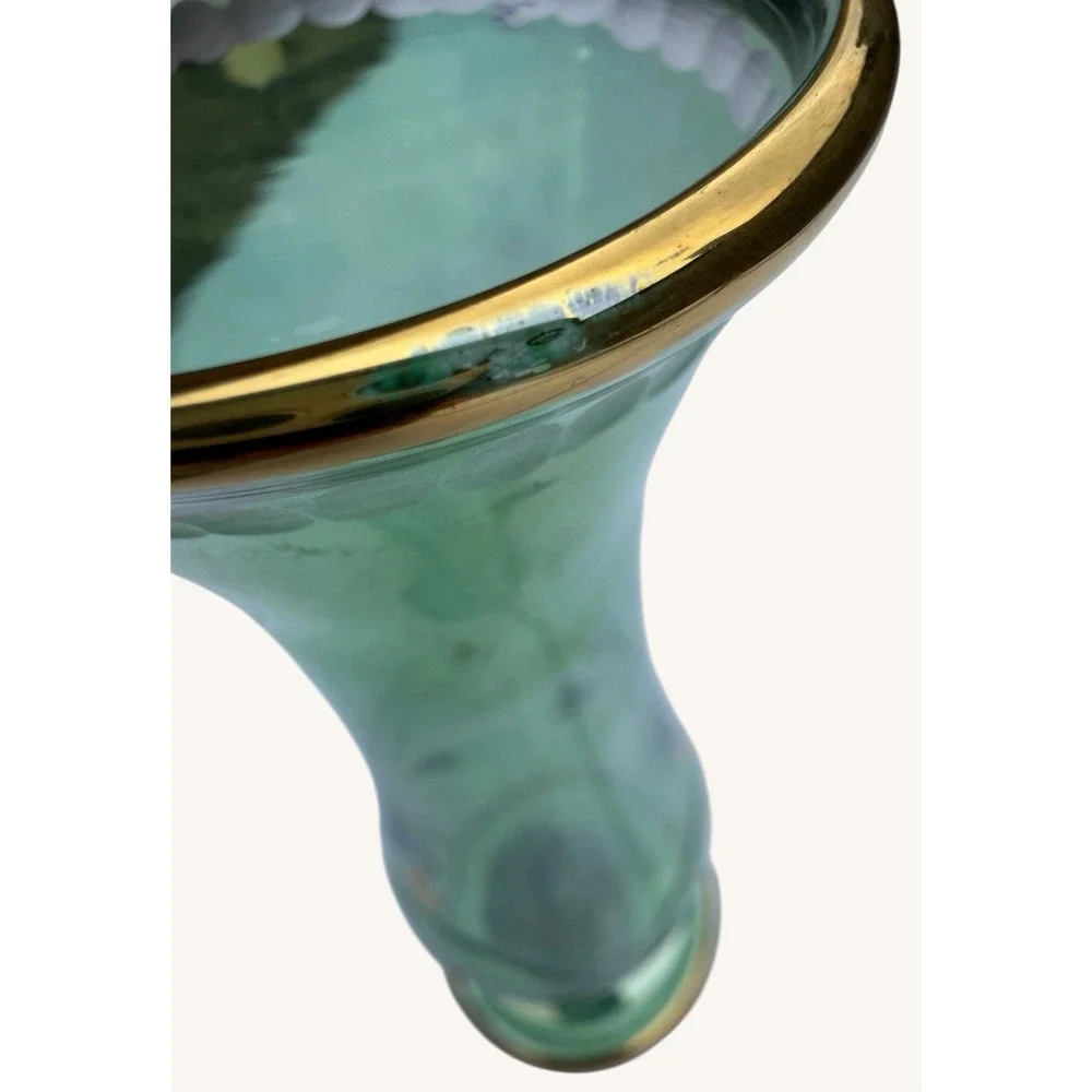 Vintage Royal Limited Emerald Green Glass Vase Hand Cut Etched Gold Rim 6 3/4